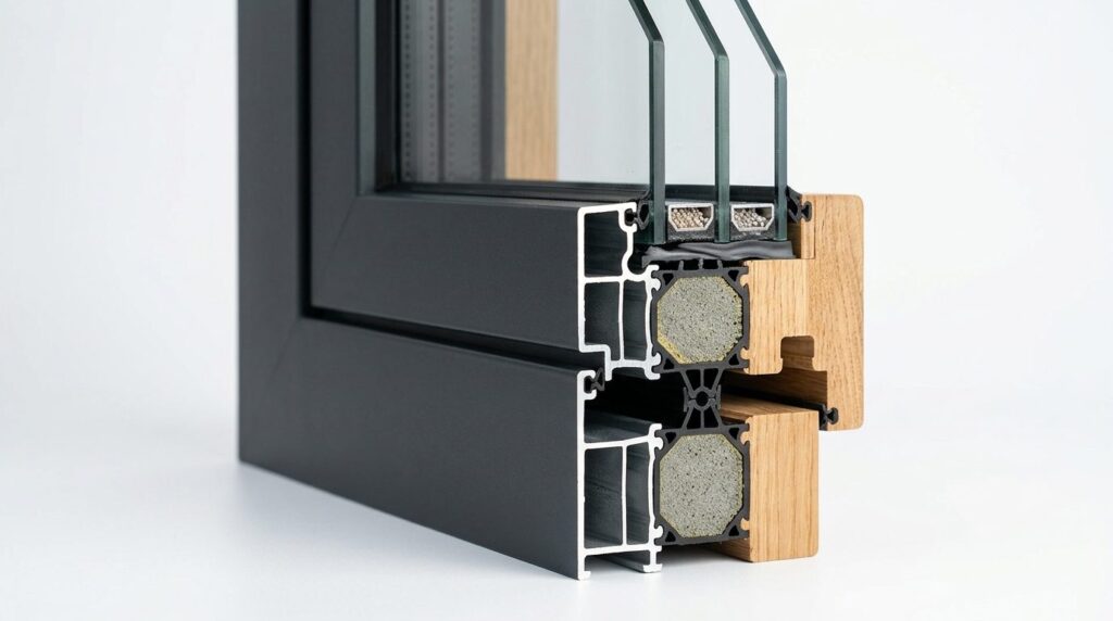 Close-up detail shot of high-quality window frame cross-sect