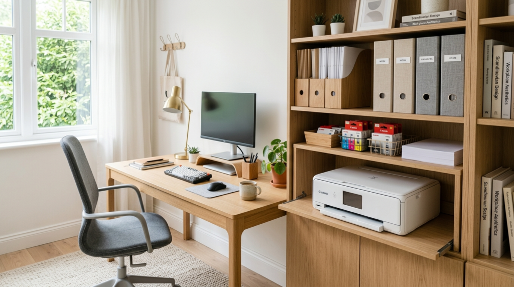 Modern home office corner with integrated printer station, o