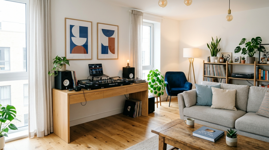Wide-angle shot of a contemporary home music corner integrat