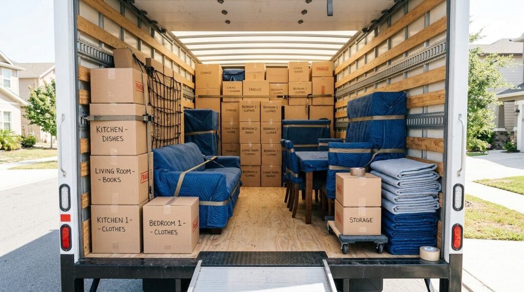 Wide 16:9 perspective photograph of an organized moving truc
