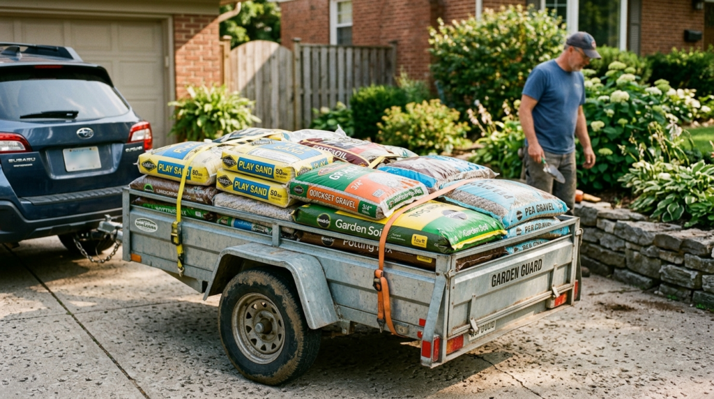 Close-up photorealistic stock photo of a garden trailer load