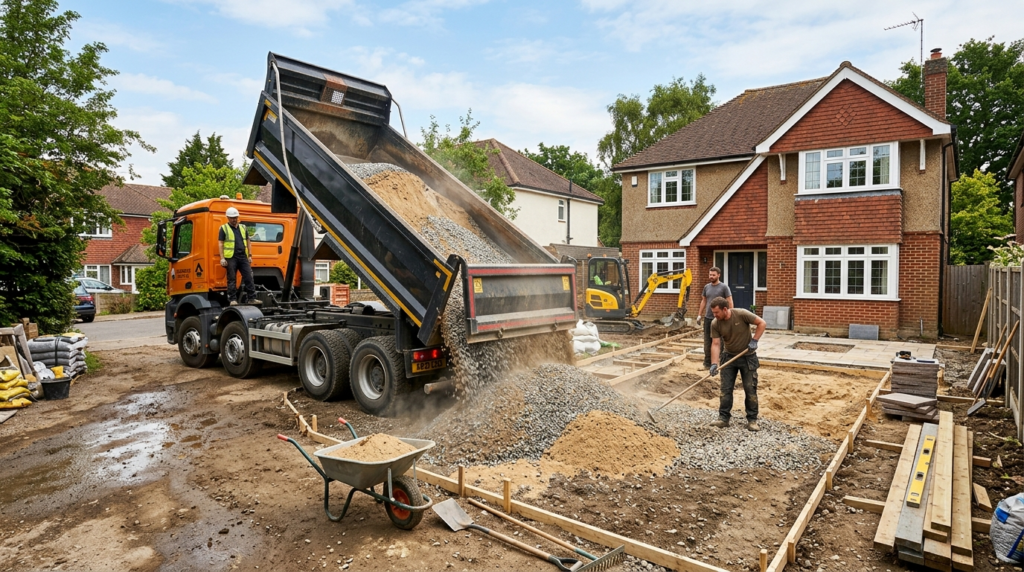 Wide photorealistic shot of a construction truck delivering